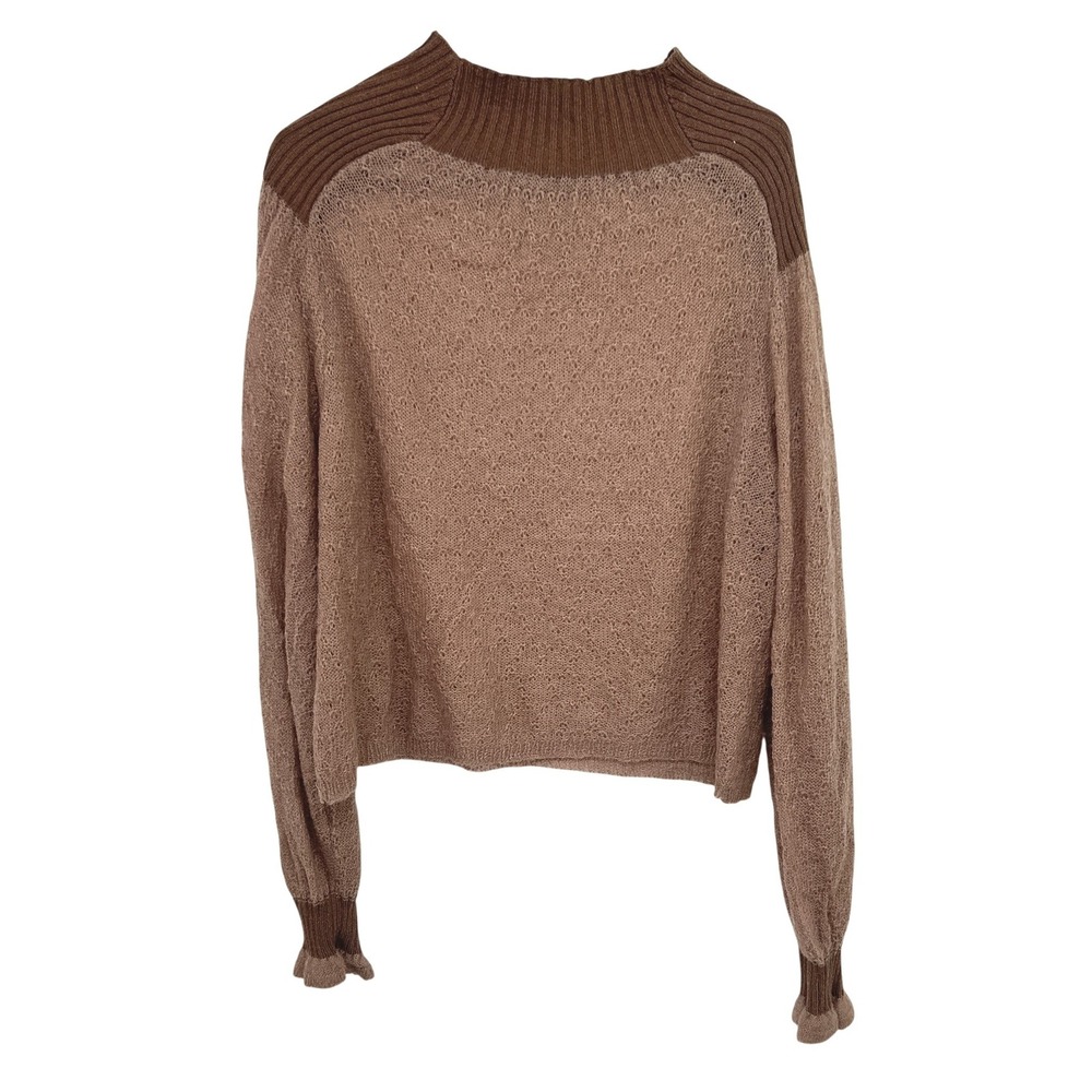 Fairy Earthy Mohair Wool Blend Fuzzy Open Knit Sweater L Brown Mock Neck Boho